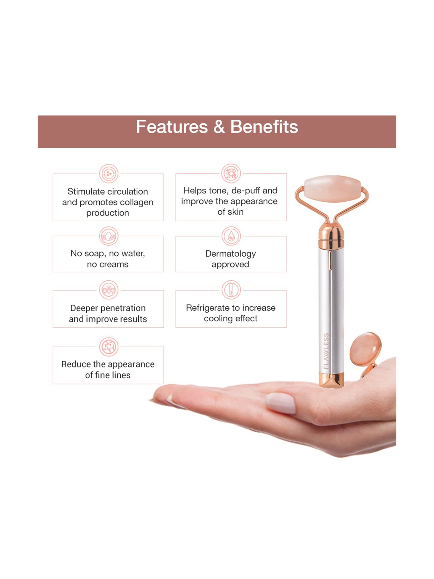 Flawless Finishing Touch Contour Micro Vibrating Facial Rose Quartz Roller & Massager