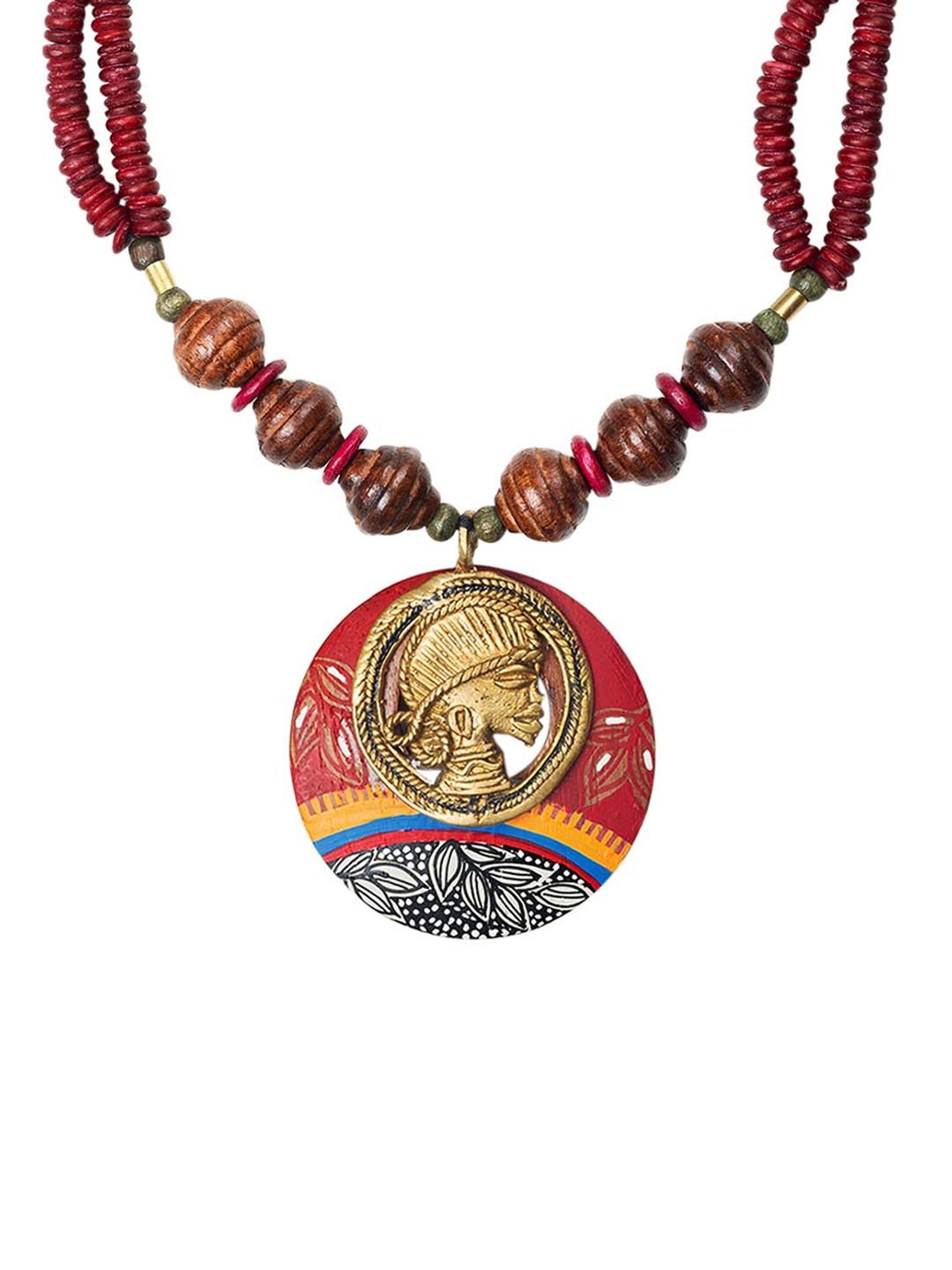ExclusiveLane Tribal Dhokra Maroon Wood & Brass Necklace Handmade in Dhokra Art