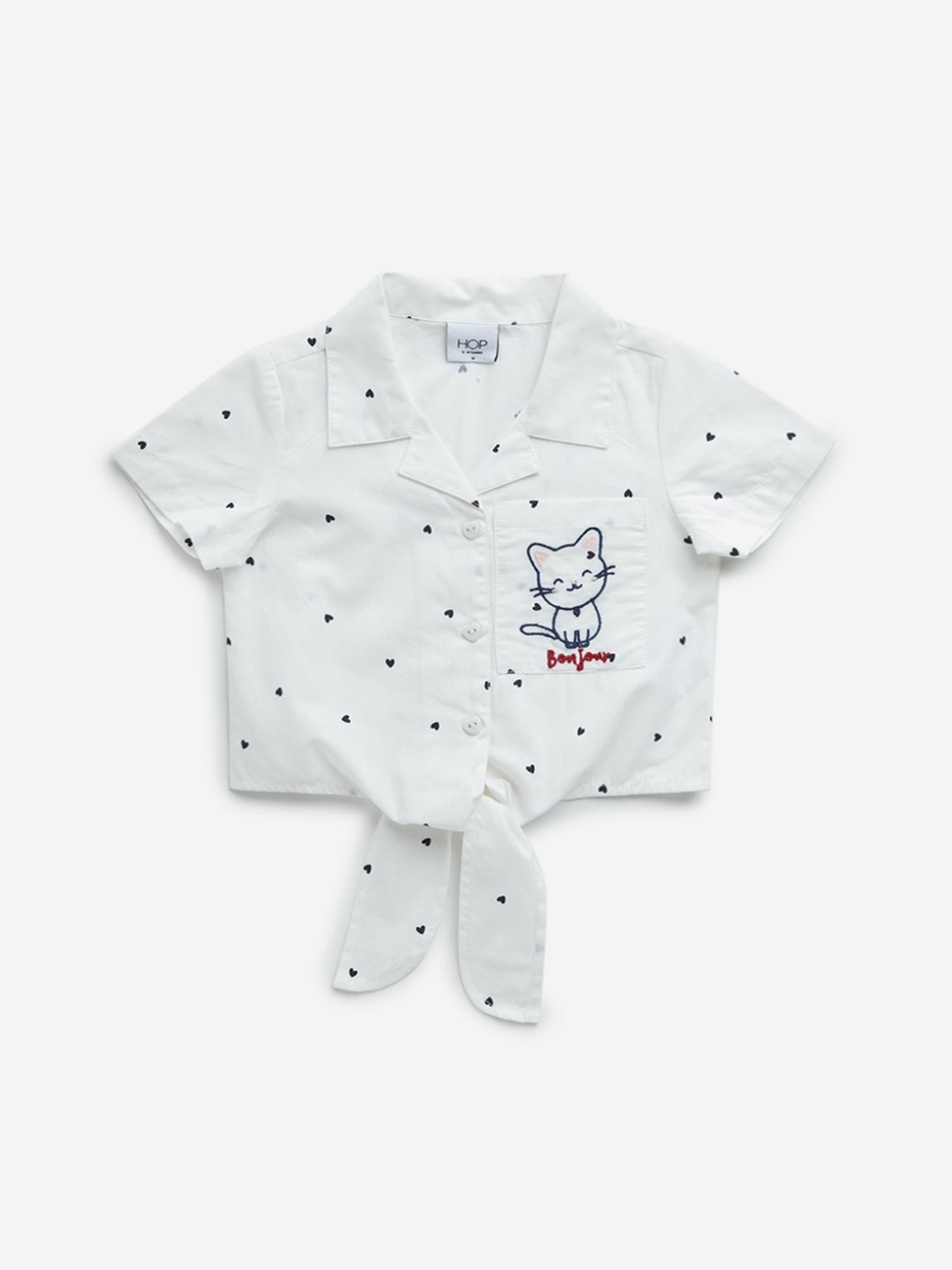 HOP Kids by Westside Off-White Cat Embroidered Tie-Up Cotton Shirt