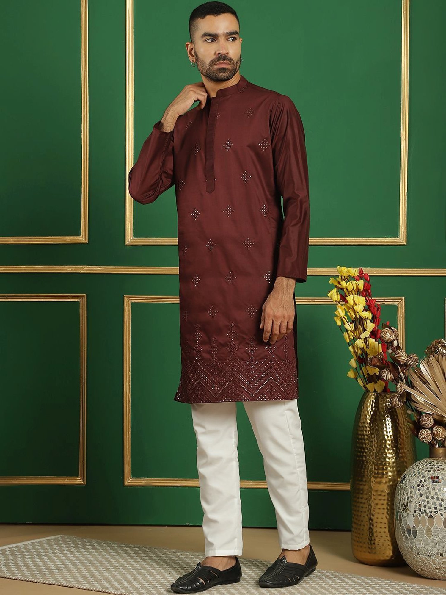Jompers Maroon & White Regular Fit Embroidered Kurta Bottom Set