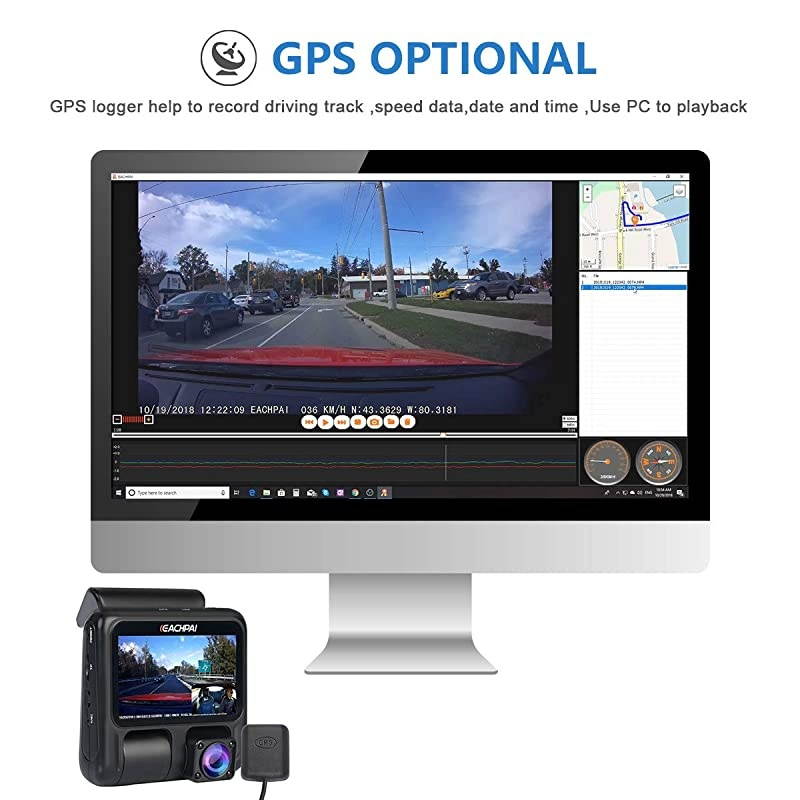 Dash Cam for Cars , EAHCPAI E100 Pro Dash Camera Dual Front and Rear with WI-FI, GPS, Motion Detection , Parking Monitor , G-Sensor , Loop Recording, WDR
