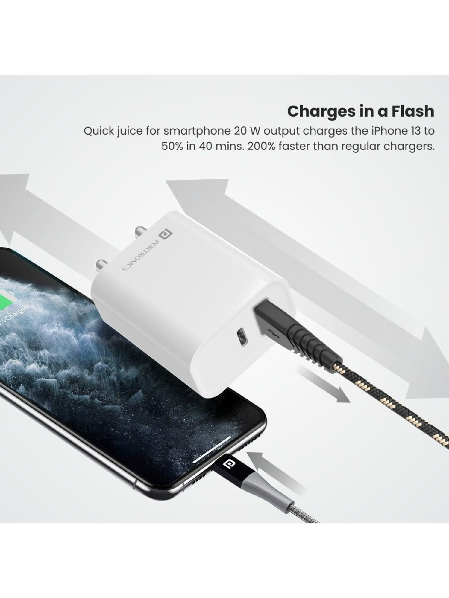 Portronics Adapto 45 20W Mobile Charger Adapter with Dual Port (USB A + PD Type C) - White