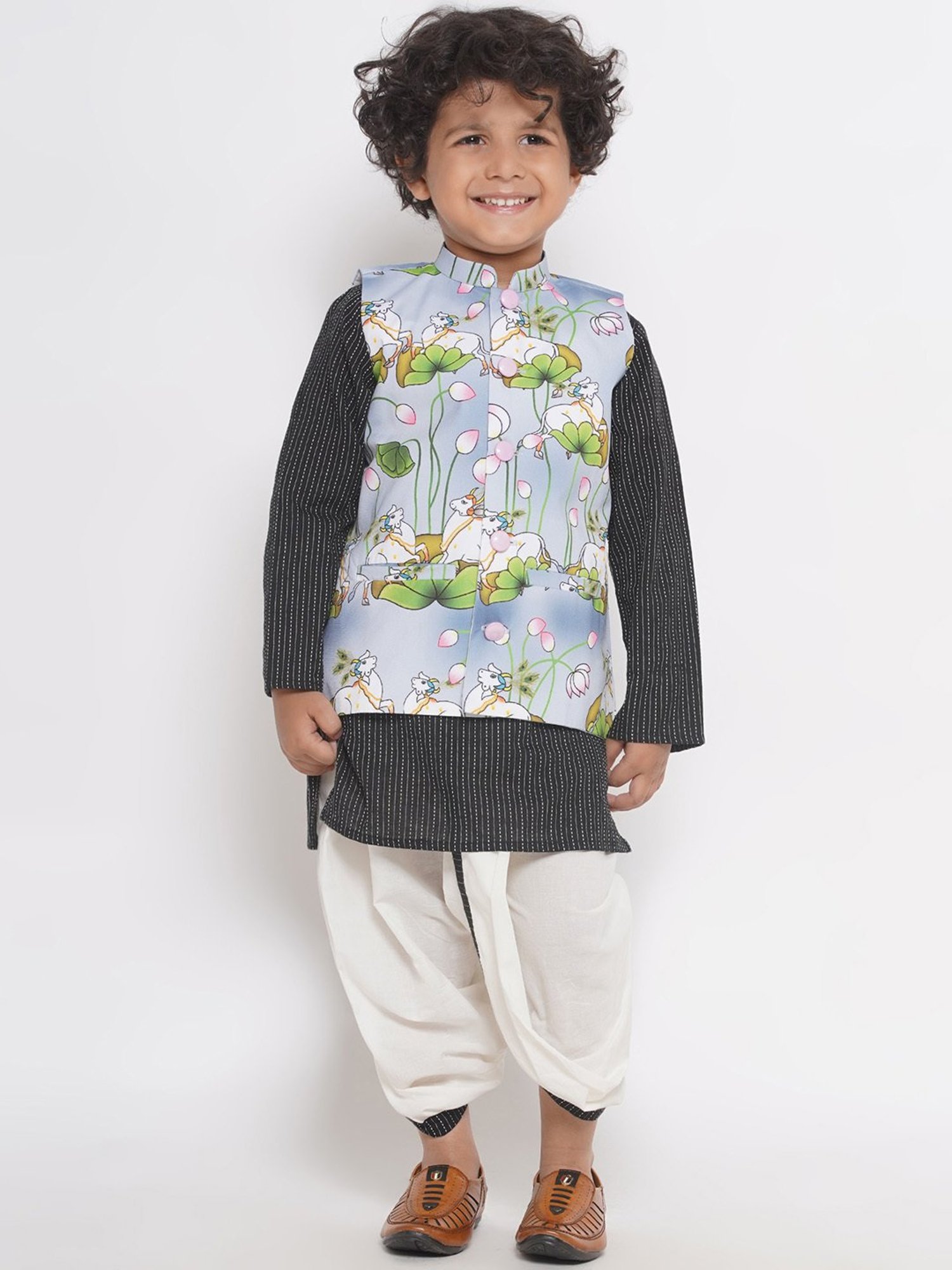 Little Bansi Kids Multicolor Printed Full Sleeves Kurta, Dhoti with Jacket