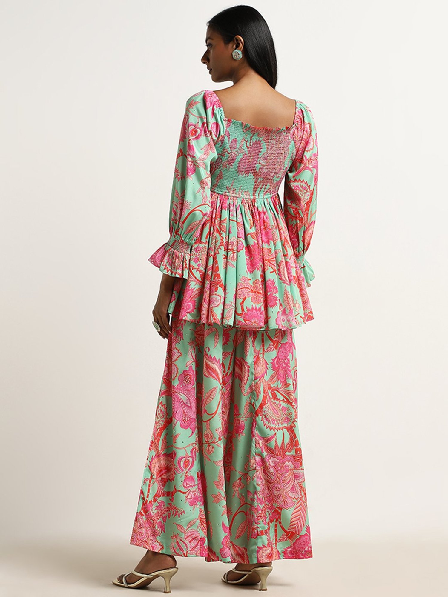 Vark by Westside Green Floral Printed Peplum Top Set