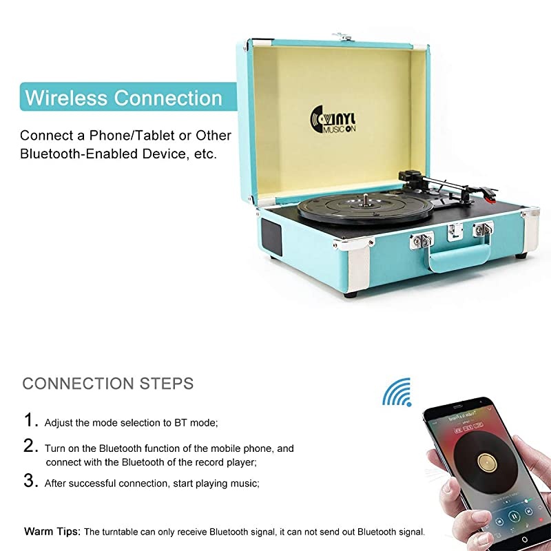 Bluetooth Turntable with Stereo Speakers3 Speed Vinyl Record Player Supporting Wireless Connection Blue