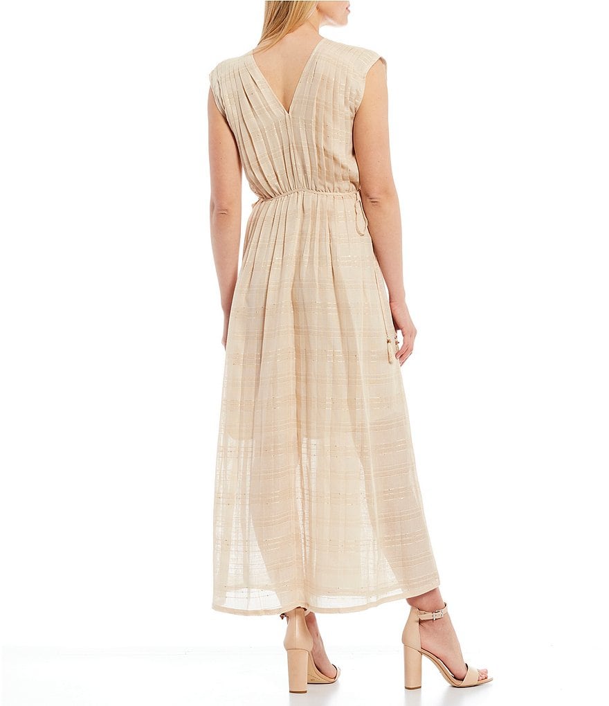 Chelsea & Violet Rayon Sequin Stripe Pleated Sleeveless V-Neck Ankle Length Dress