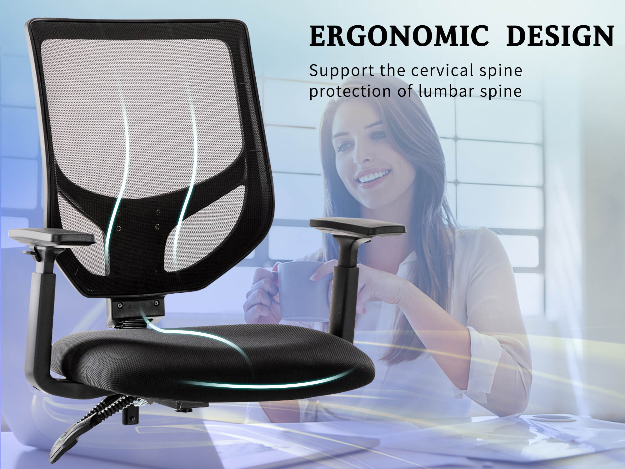RIMIKING Ergonomic Back Office Chair, Swivel Mid-Back Mesh Back with Height Adjustment and Padded Eco Leather Seat