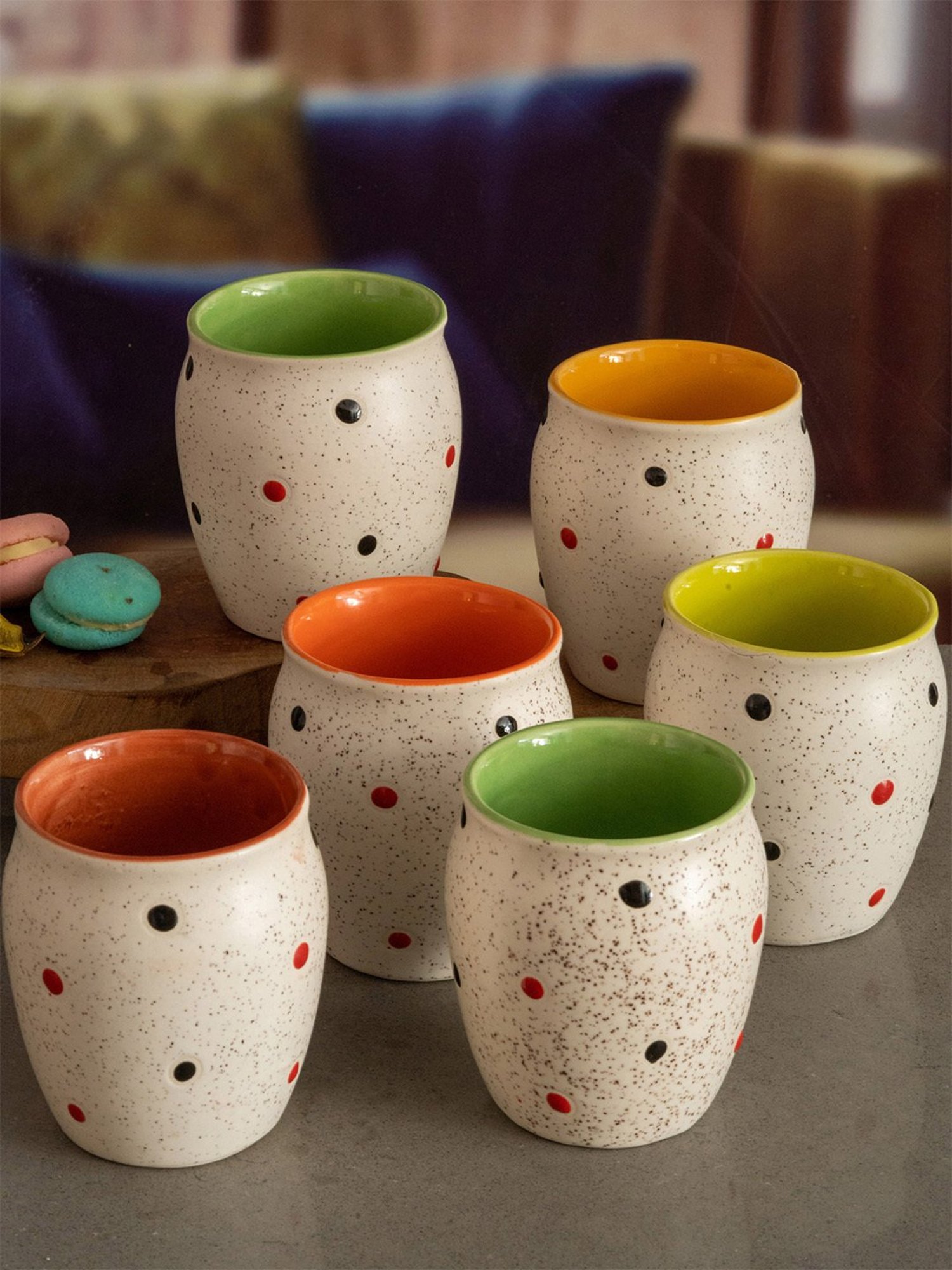 ROXX Printed Multicolor Stoneware Coffee Dotty Kulhar - Set of 6 (180ml)