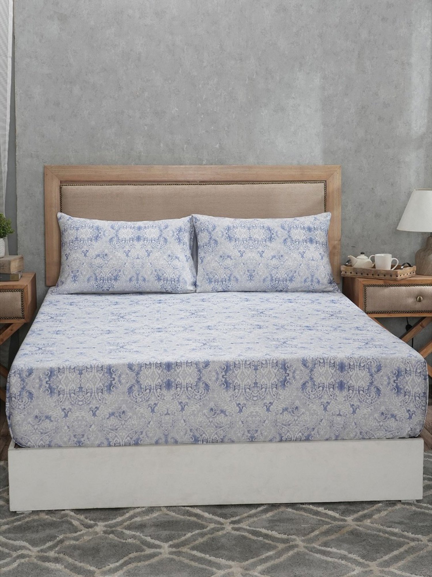 Maspar PBS Refined Retro Baroque Printed Blue 400 TC Cotton King Bed Sheet With 2 Pillow Covers