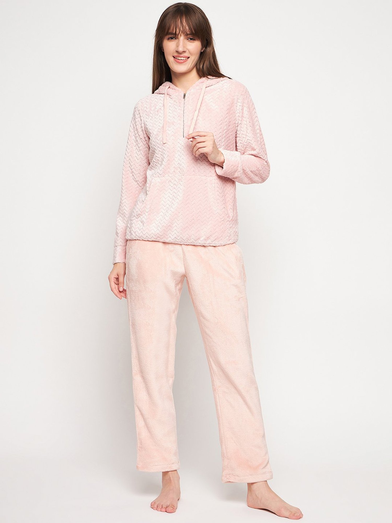 MADAME M Secret Peach Self Design Hoodie With Pyjamas