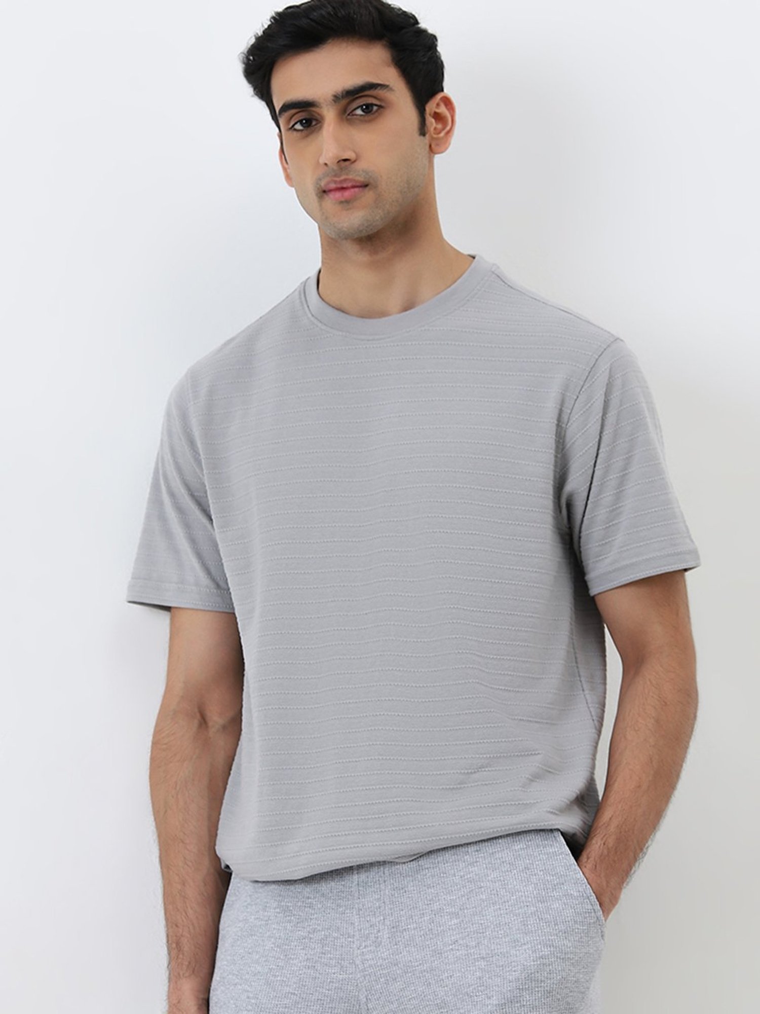 WES Lounge by Westside Grey Self-Striped Relaxed-Fit Cotton T-Shirt