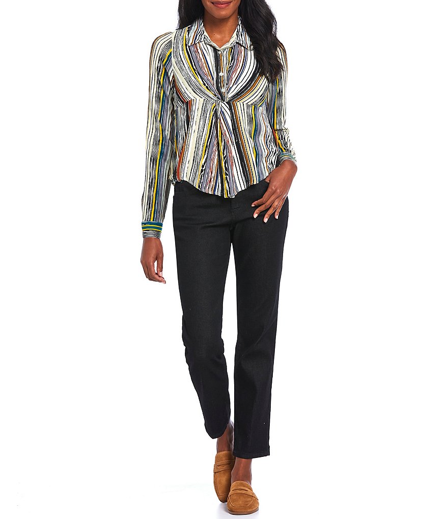 Figueroa & Flower Petite Size Sage Stripe Print Half Button Front Twist Front Detail Point Collar Neck Roll-Tab Long Sleeve Top