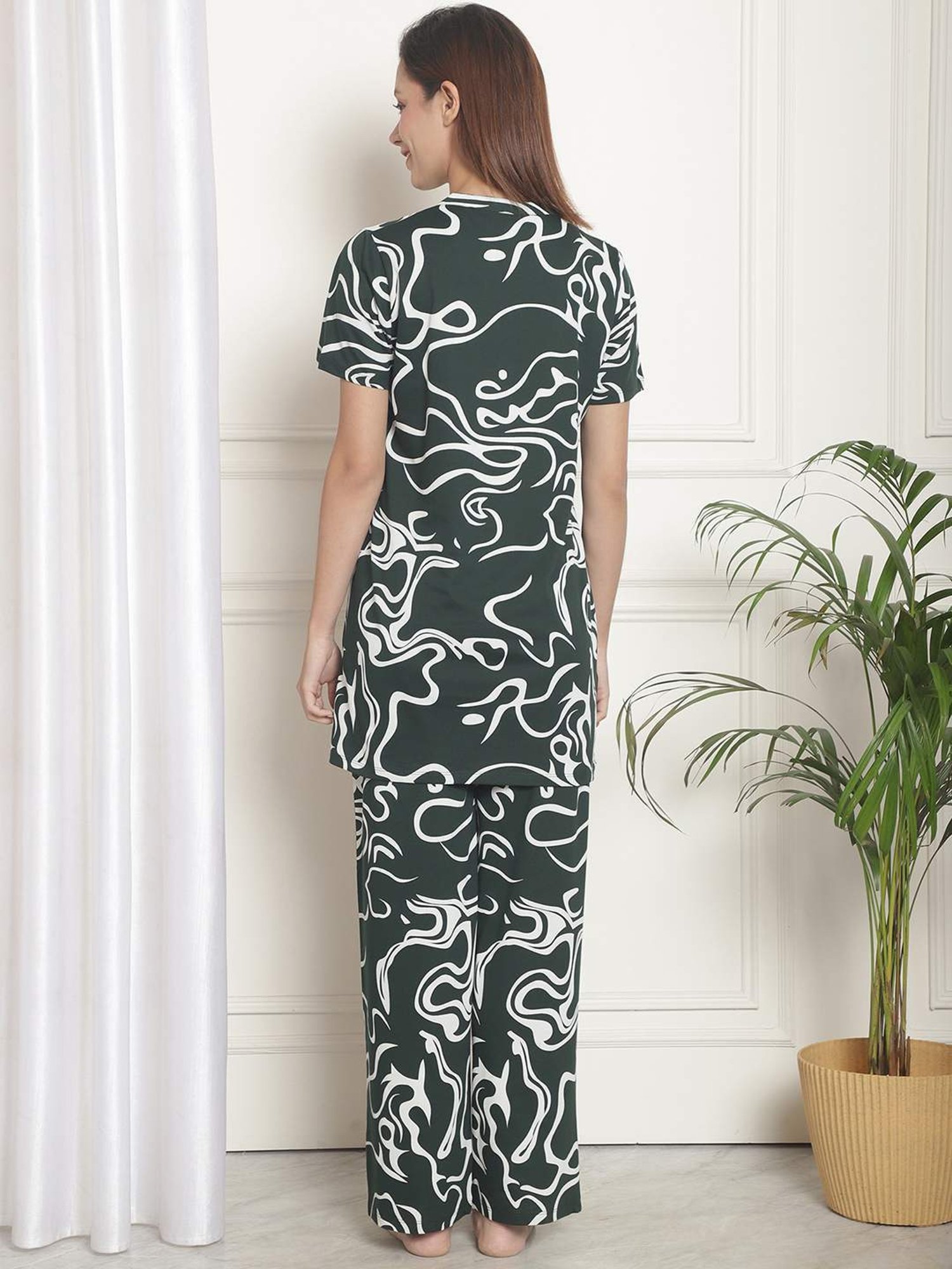 Kanvin Green Cotton Printed Tunic Pyjamas Set
