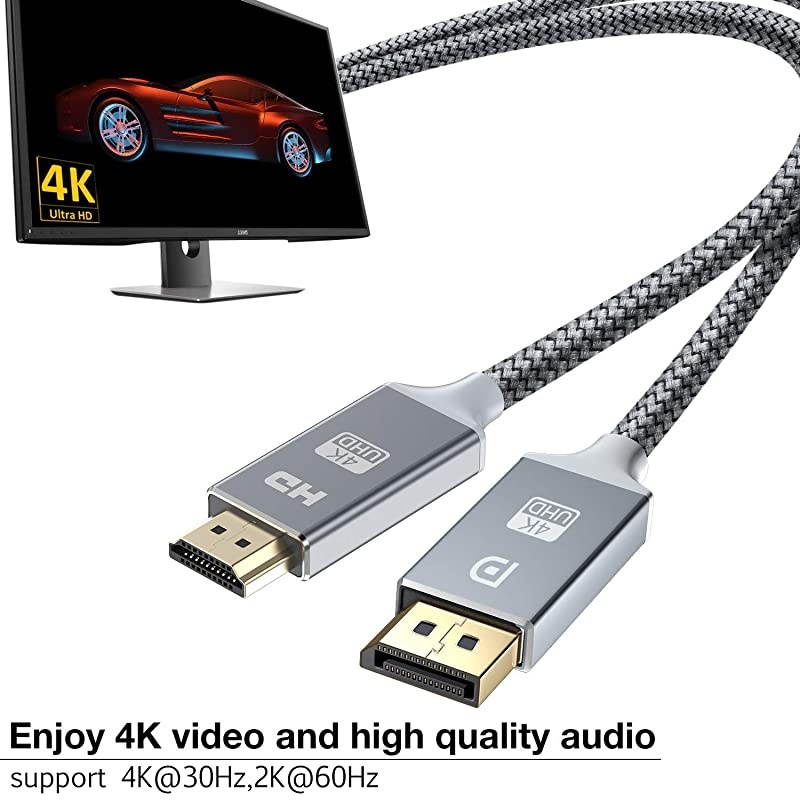 DisplayPort to HDMI Cable 4K30HZ UHD Nylon Braided GoldPlated DP to HDMI UniDirectional Cord Display Port to HDMI Male Connector 10 Feet