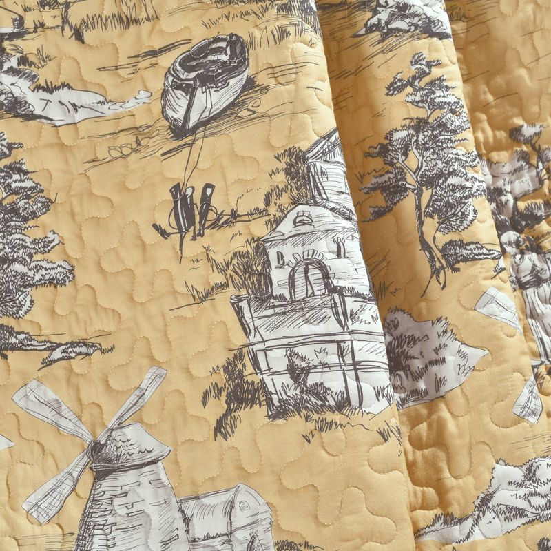 60"x50" Single French Country Toile Cotton Reversible Throw Yellow/Gray - Lush Décor
