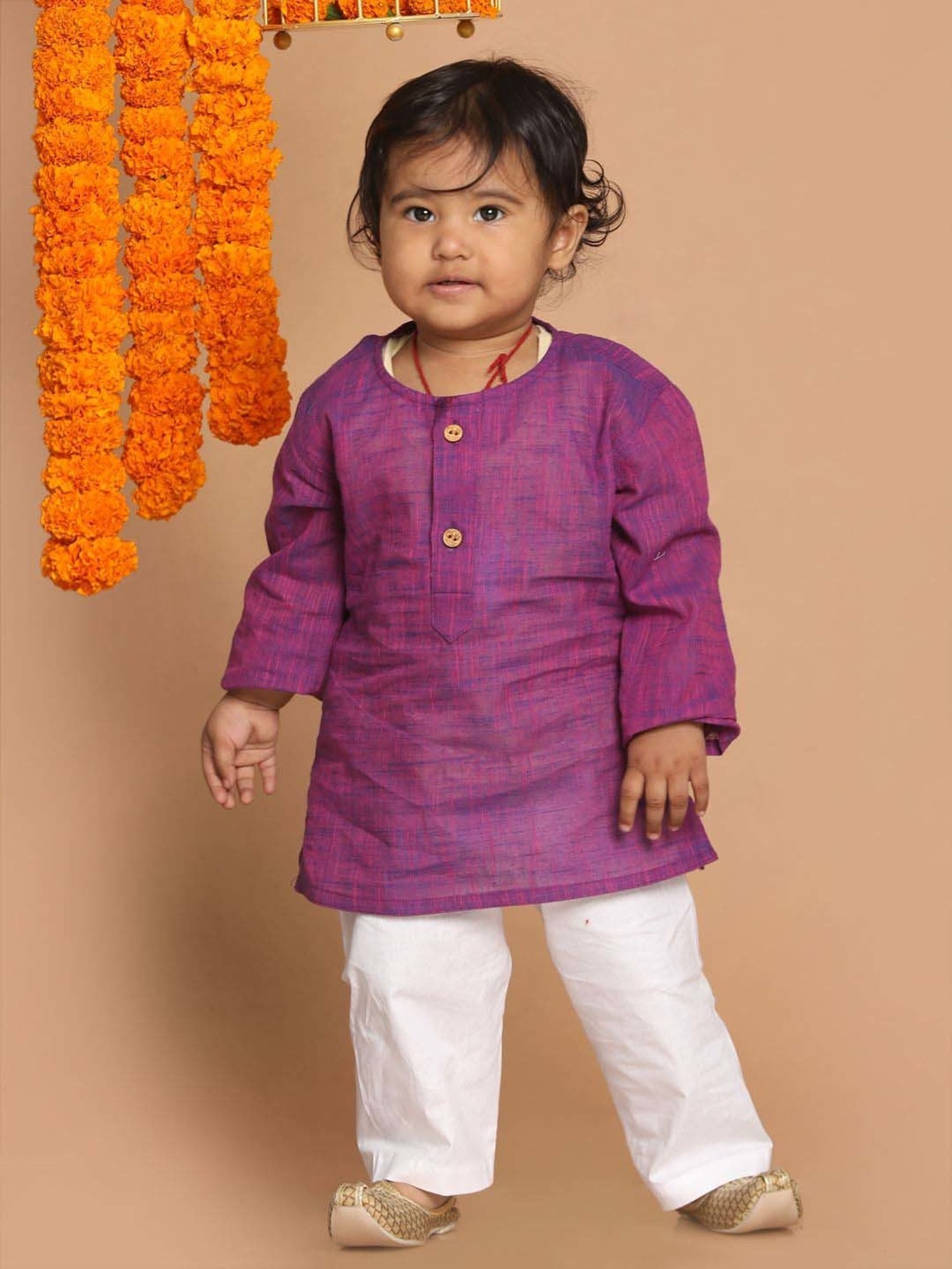 VASTRAMAY Boys Purple Cotton Self Full Sleeves Kurta Sets
