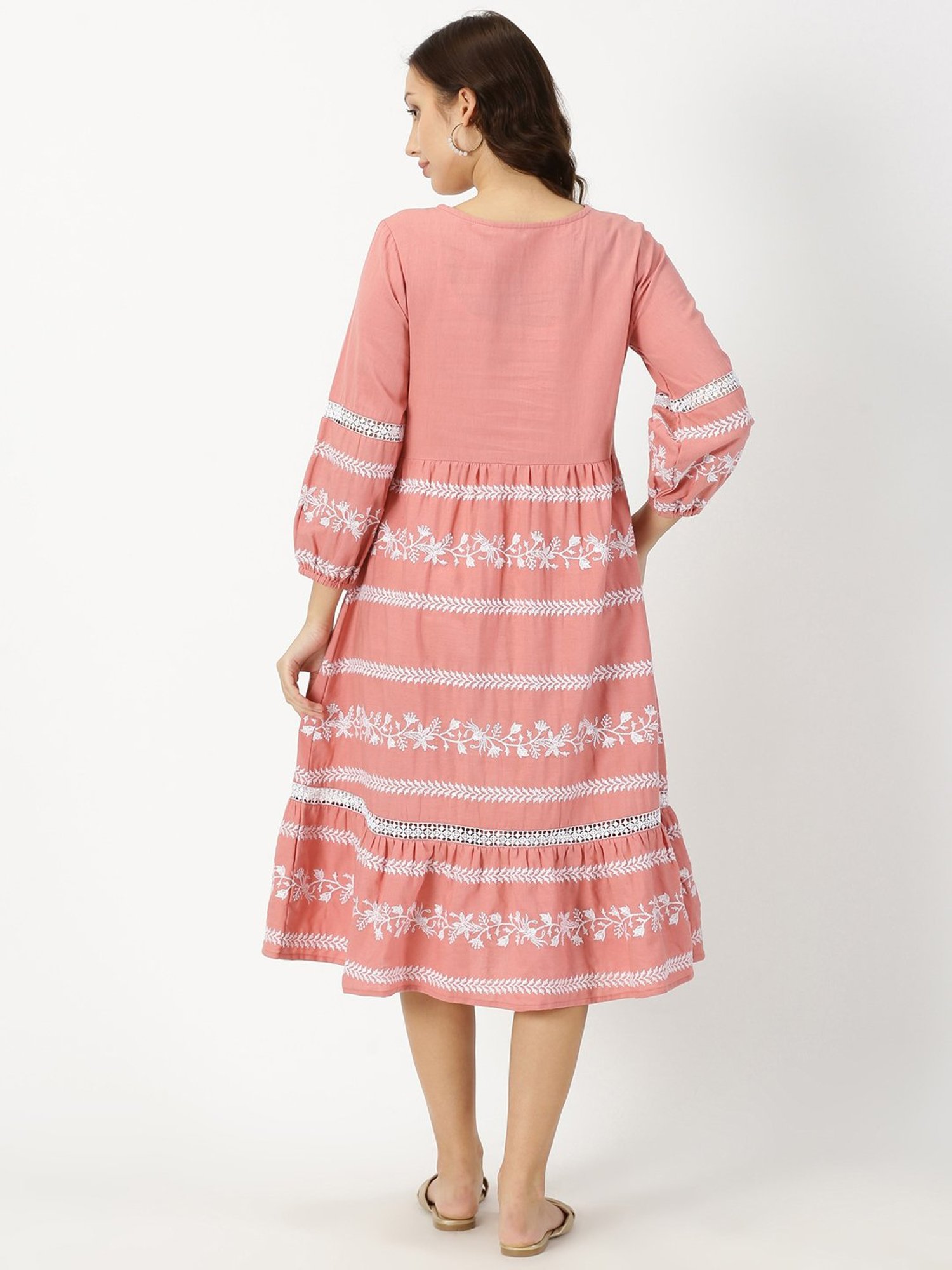 Saffron Threads Peach Cotton Embroidered Ethnic Dress