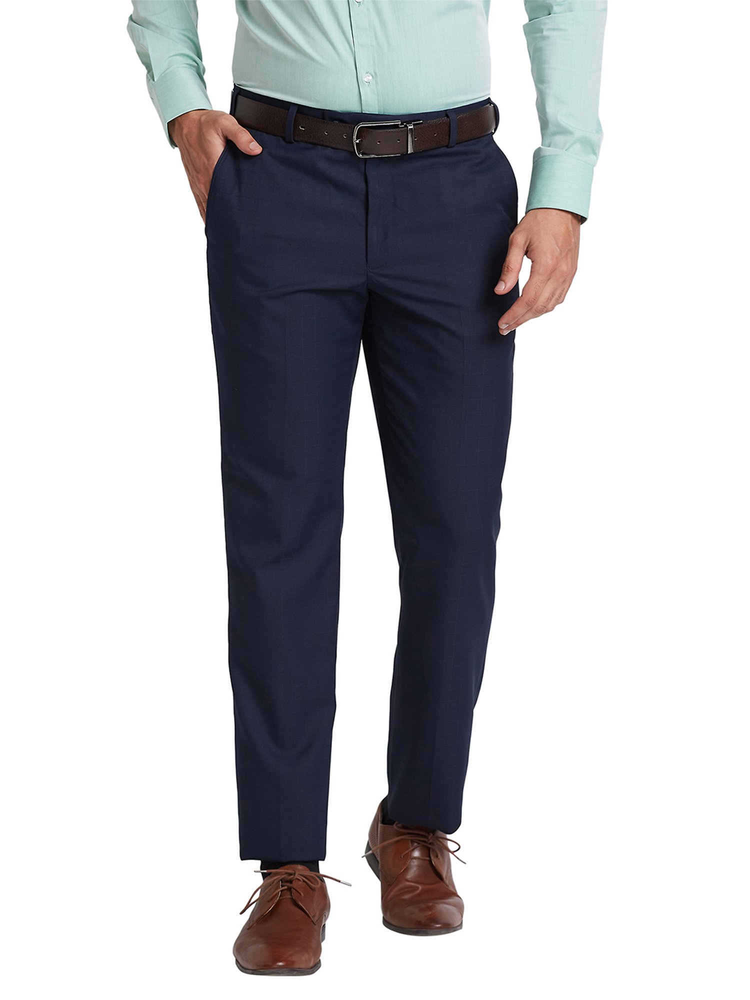Park Avenue Navy Regular Fit Check Flat Front Trousers