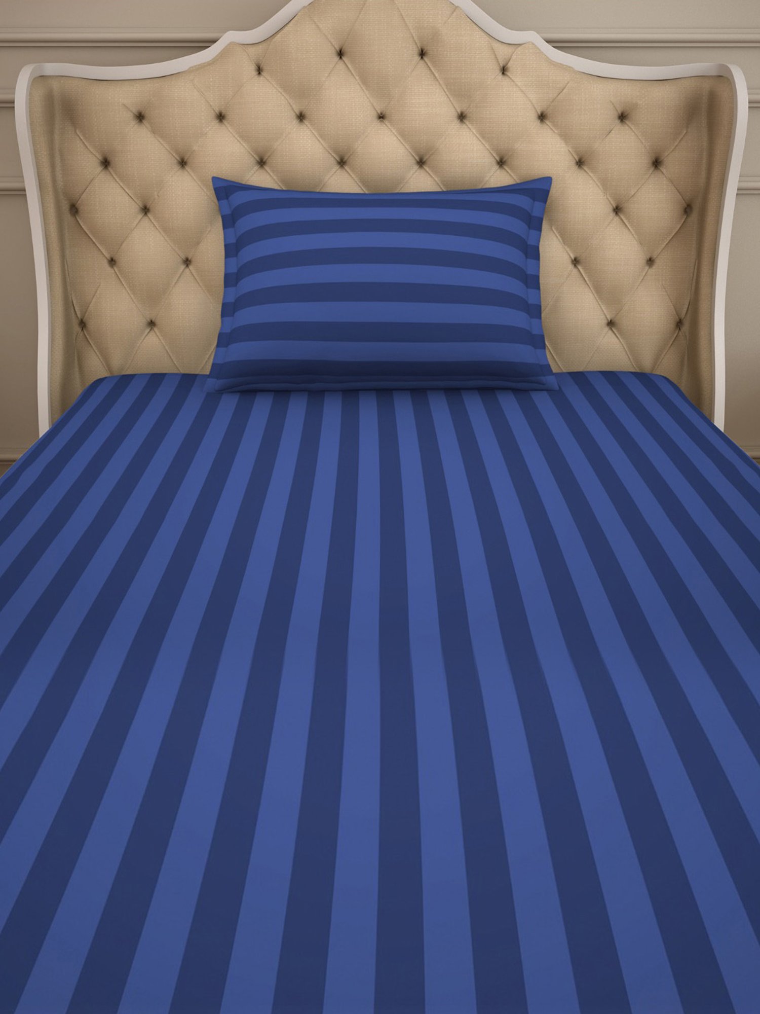 Spaces Skyrise Stripes Navy Blue 210 TC Cotton Single Bedsheet With 1 Pillow Covers