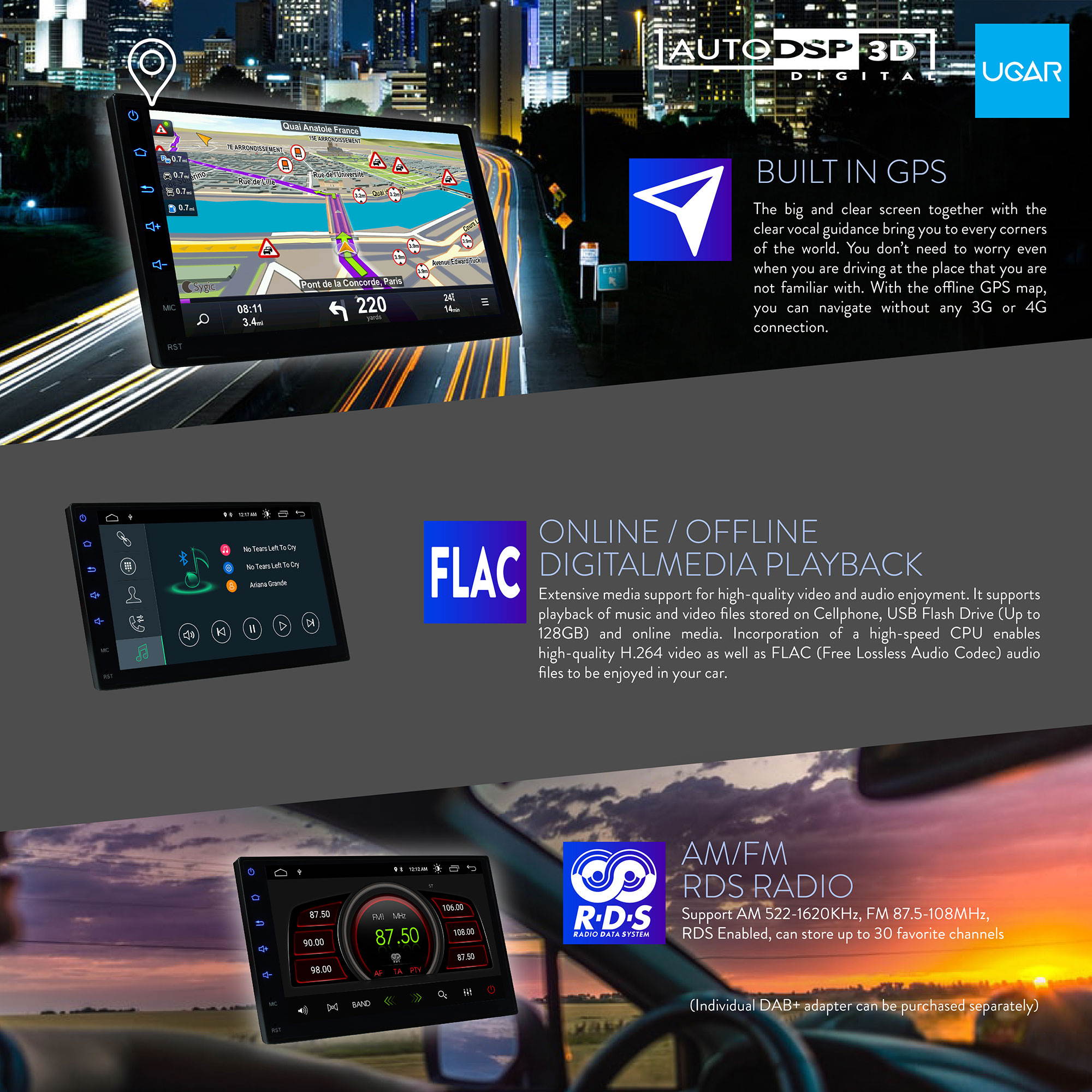 UGAR EX10 7" Android 10.0 DSP Universal Car Stereo with Backup Camera Digital Video Recorder (DVR) 2GB 16GB Head Unit Double Din Touch Screen Indash GPS Navigation with Bluetooth WiFi