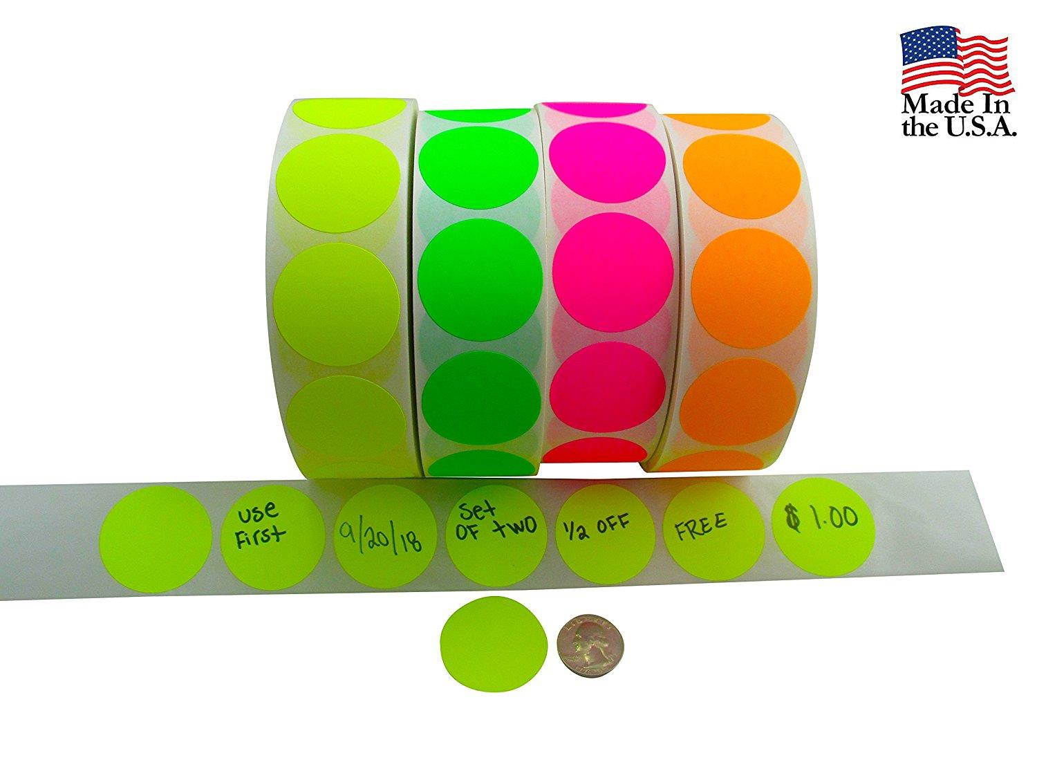 Circle Stickers Color Coding Labels Super Bright Fluorescent Neon Yellow, Green, Orange and Pink Round Circle Dots For Organizing Inventory 1.5 Inch 4,000 Total Adhesive Stickers (1000 of each color)