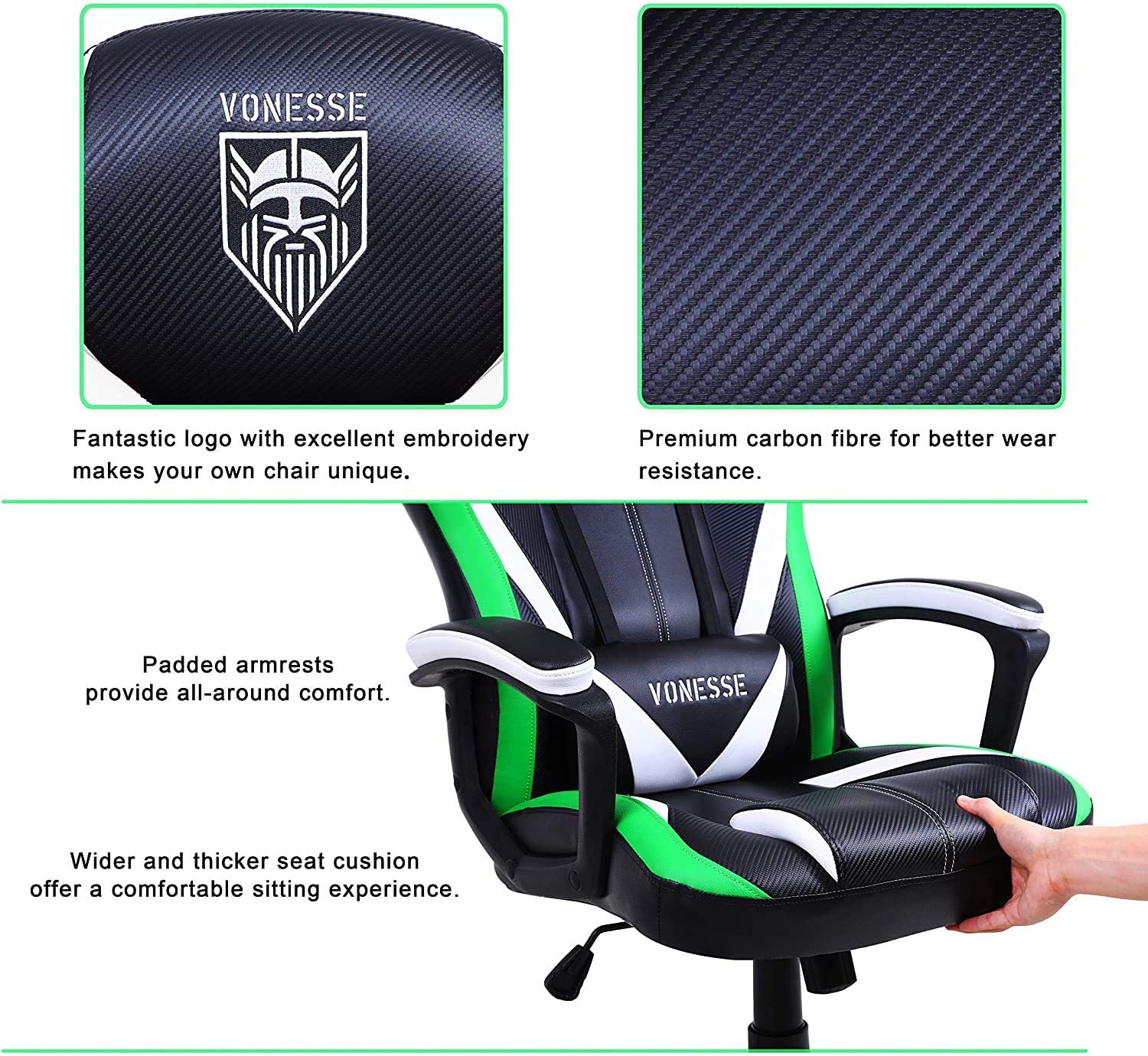 Vonesse Green Gaming Chair, Gaming Desk Chair for Teens, Computer Chair with Massage, High Back Home Office Desk Chairs, Big and Tall Gamer Chair, Computer Desk Chair, Game Chair for Kids (Green)