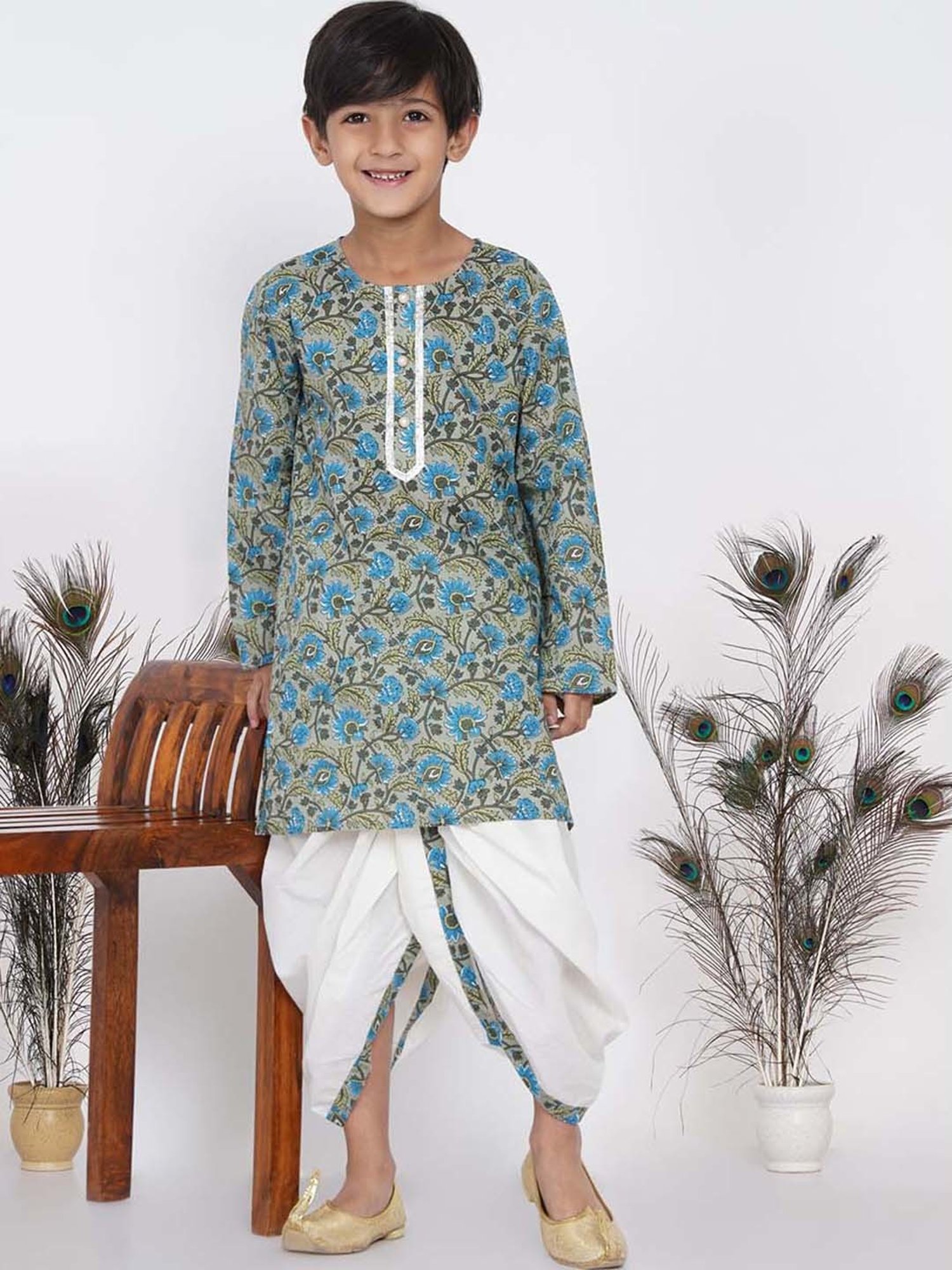 Little Bansi Kids Green & Cream Cotton Floral Print Kurta Set