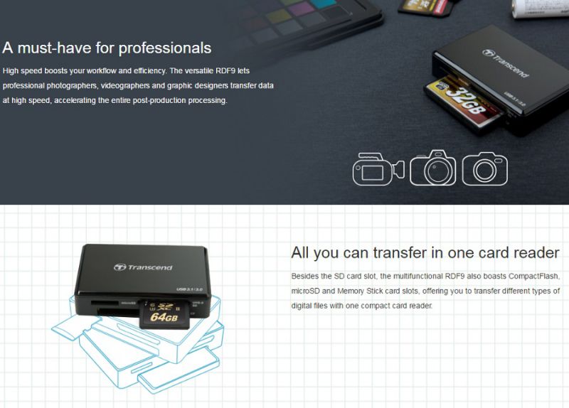Transcend TS-RDF9K Card Reader SDHC/XC microSDHC/XC CF MS USB3.1/USB3.0