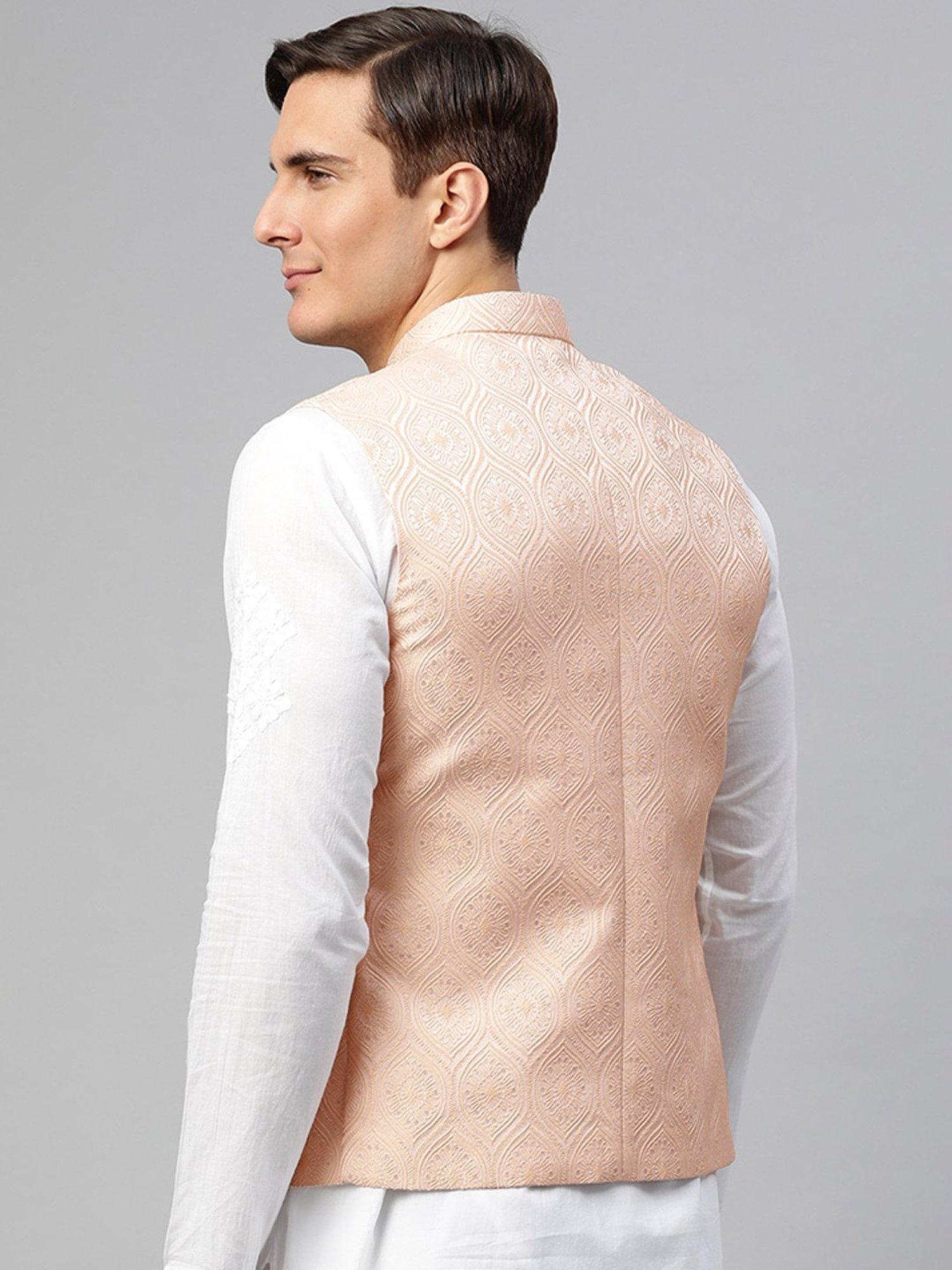 ManQ Peach Mandarin Collar Nehru Jacket