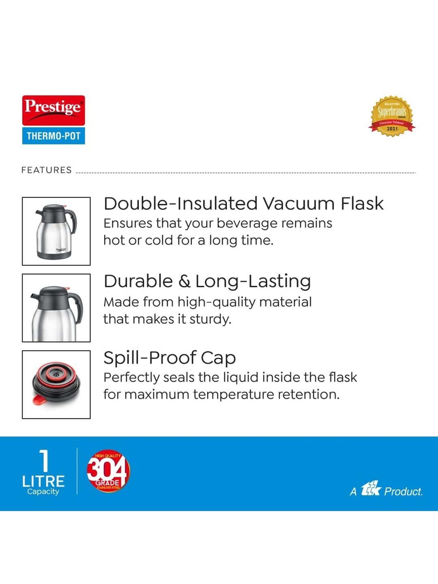 Prestige Silver & Black Stainless Steel Double Insulated Vacuum Flask (1 L) - Set of 1