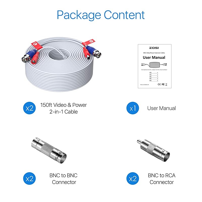 2 Pack 150ft 45 Meters AllinOne Video Power Cable BNC Extension Surveillance Camera Cables for Video Security DVR Camera Systems Included 2X BNC Connectors and 2X RCA AdaptersWhite Color