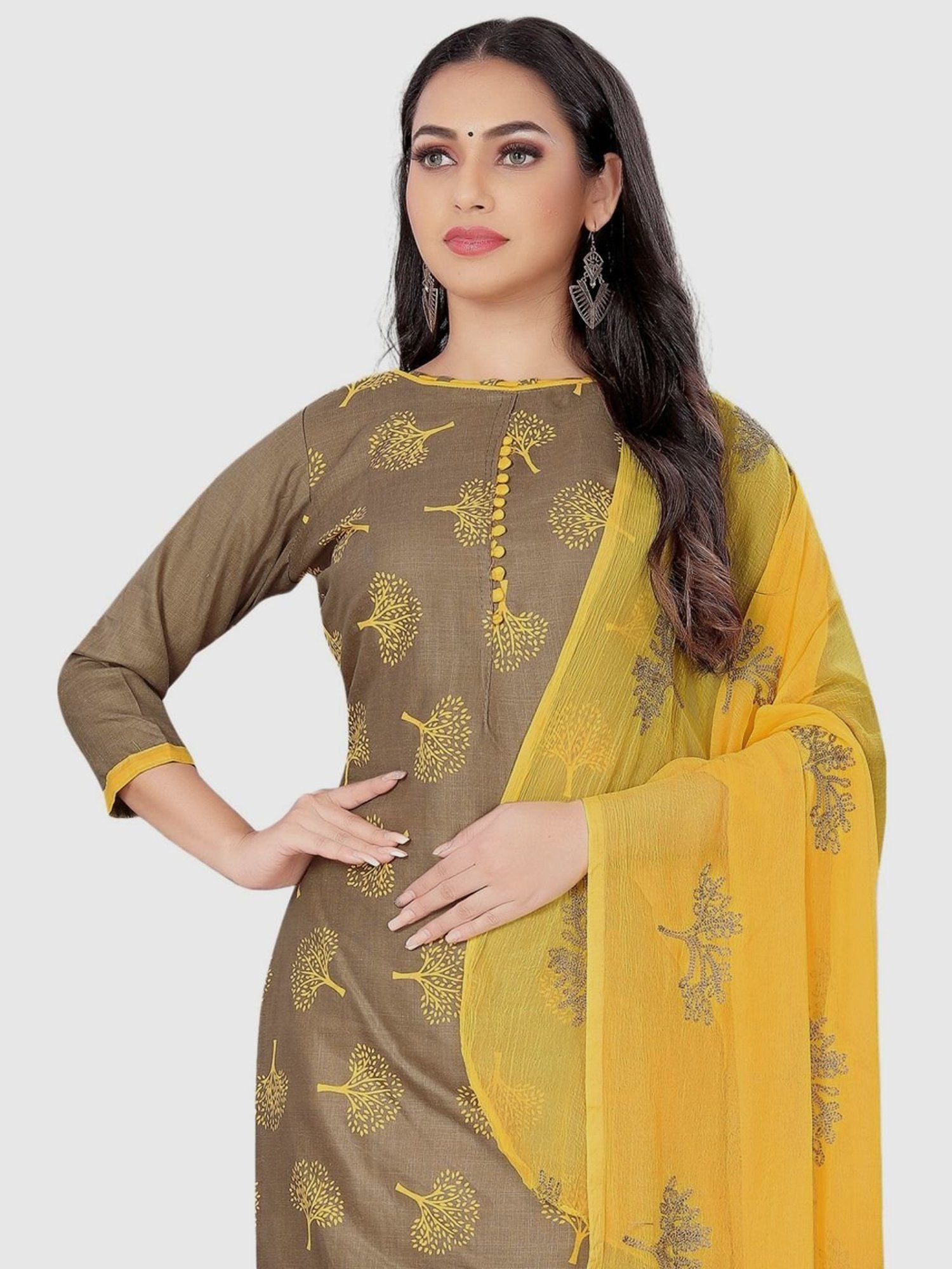 APNISHA Beige & Yellow Cotton Printed Unstitched Dress Material