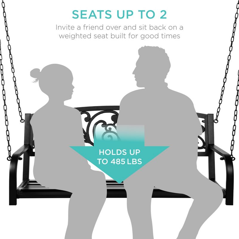 Best Choice Products 2-Person Metal Outdoor Porch Swing, Hanging Steel Patio Bench w/ Floral Accent - Black