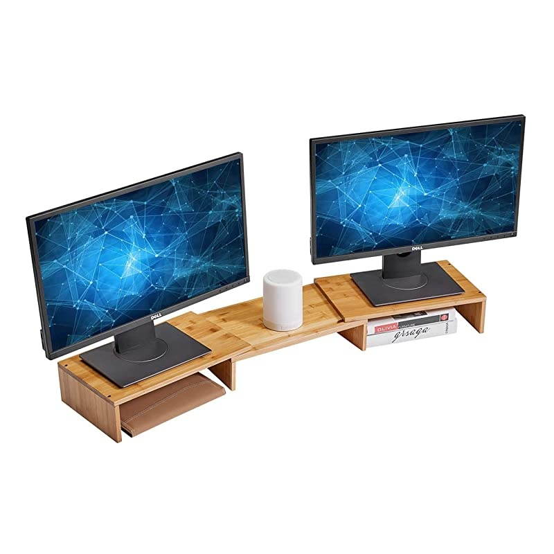 Bamboo Dual Monitor Stand Riser with Length and Angle Adjustable 3 Shelf Multifunctional Screen Desktop Organizer for Laptop Computer TV PC Printer Multi Media SpeakerBurlywood