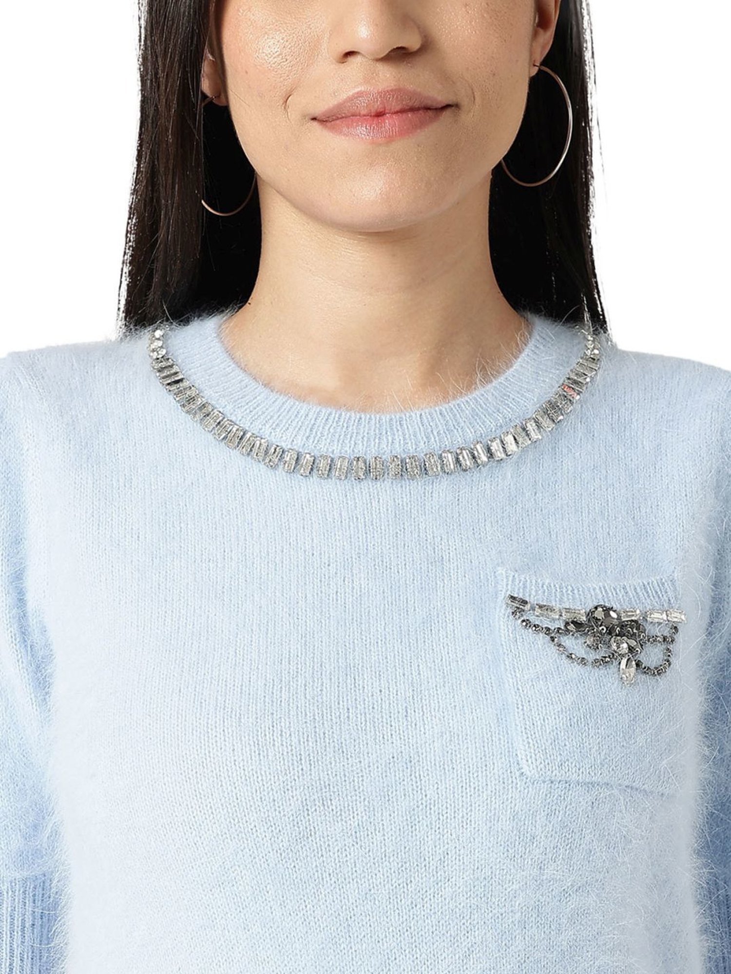 Liu Jo Light Blue Embellished Regular Fit Sweater