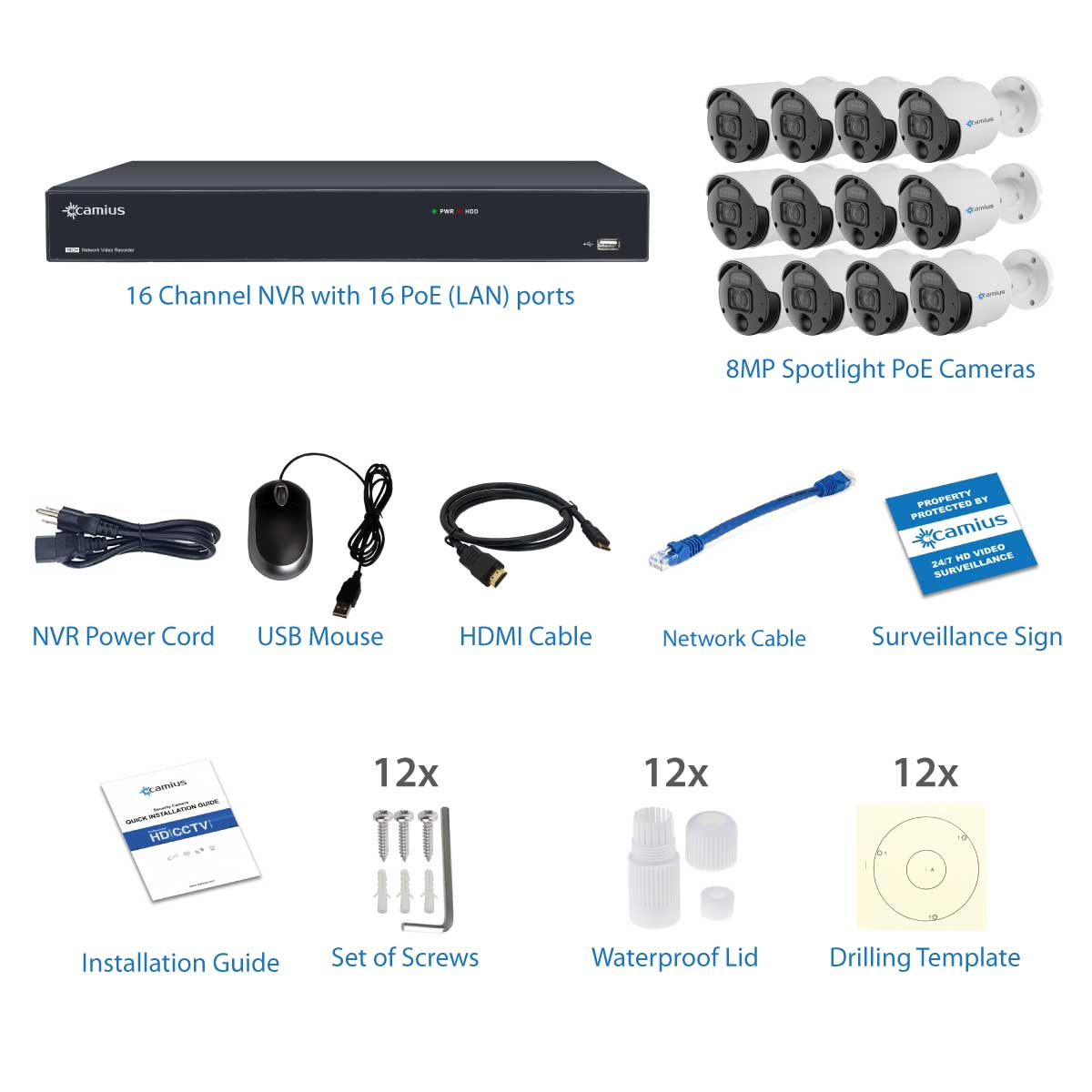 Camius 4K 16 Channel NVR, 12 Camera 8MP PoE Spotlight  Security System with built-in mic, 105 degrees view, PIR, Motion, Sound Detection, Alerts, 2SATA, eSATA, 100ft night vision 16PN12S8R (0 HDD)