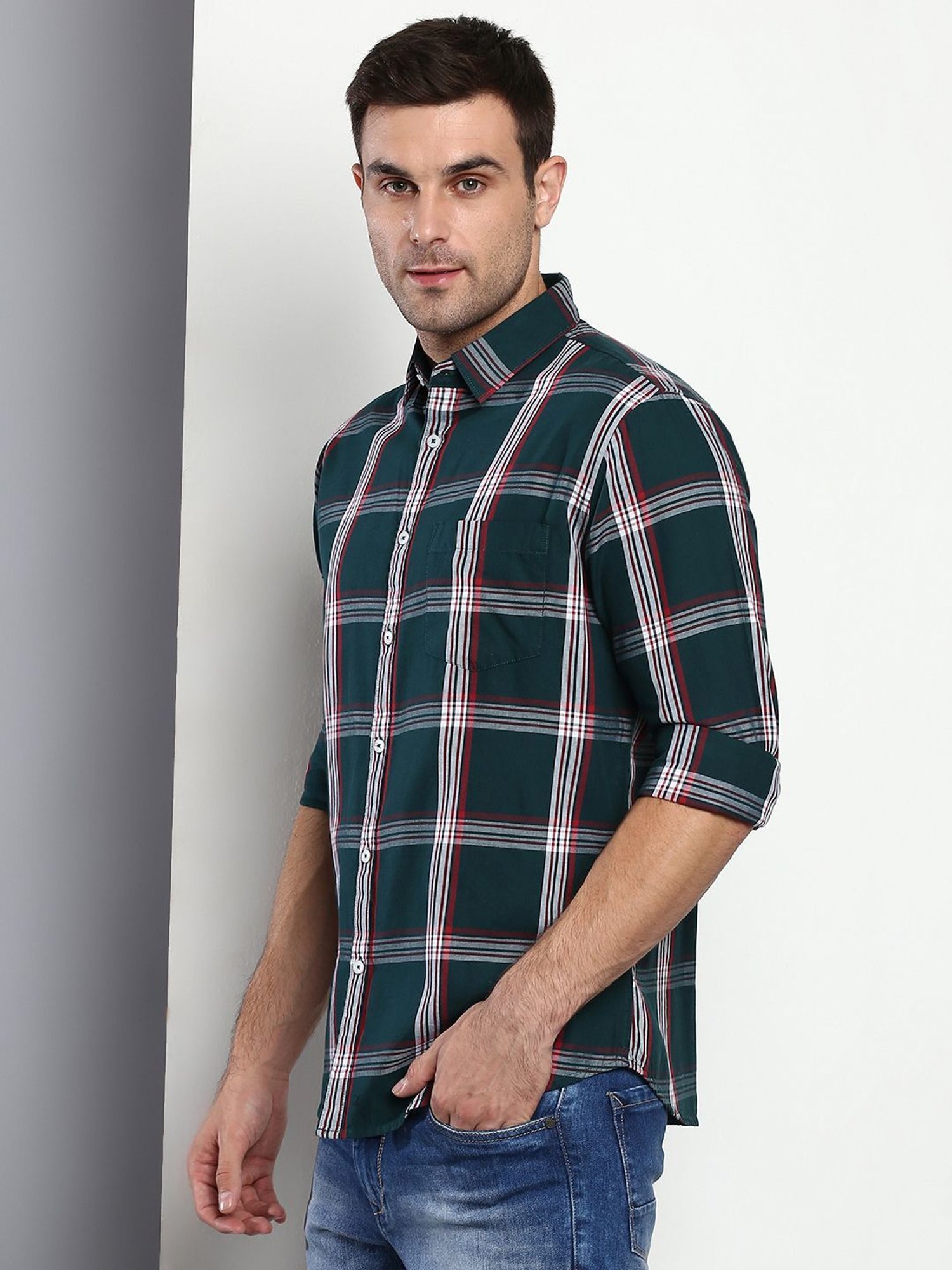 Dennis Lingo Green Cotton Slim Fit Checks Shirt