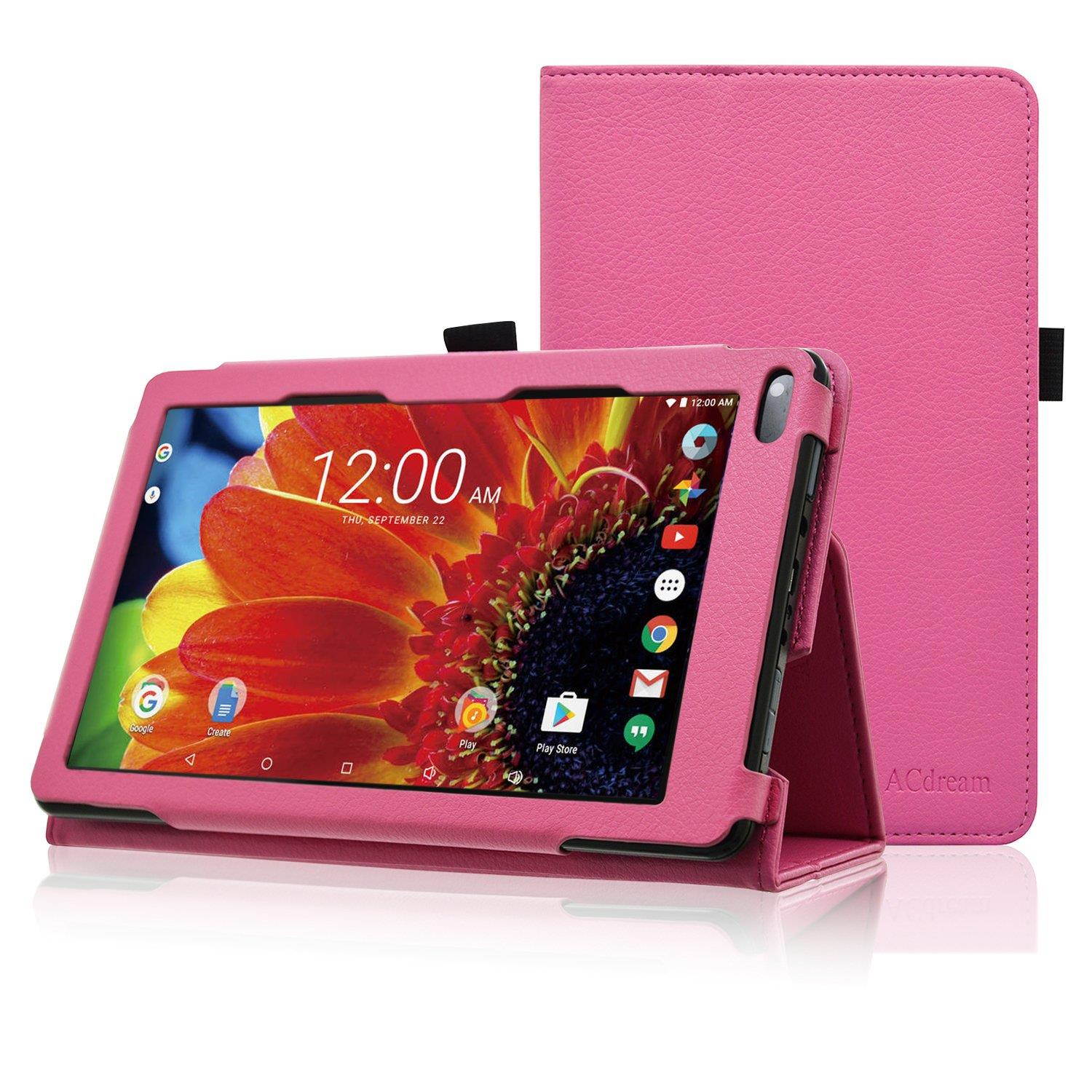 ACdream RCA Voyager 7 Case, Folio Premium PU Leather Cover Case for RCA Voyager (2016, 2017)/RCA Voyager II/RCA Voyager III RCA/RCA Voyager Pro 7" Android Tablet, Hot Pink