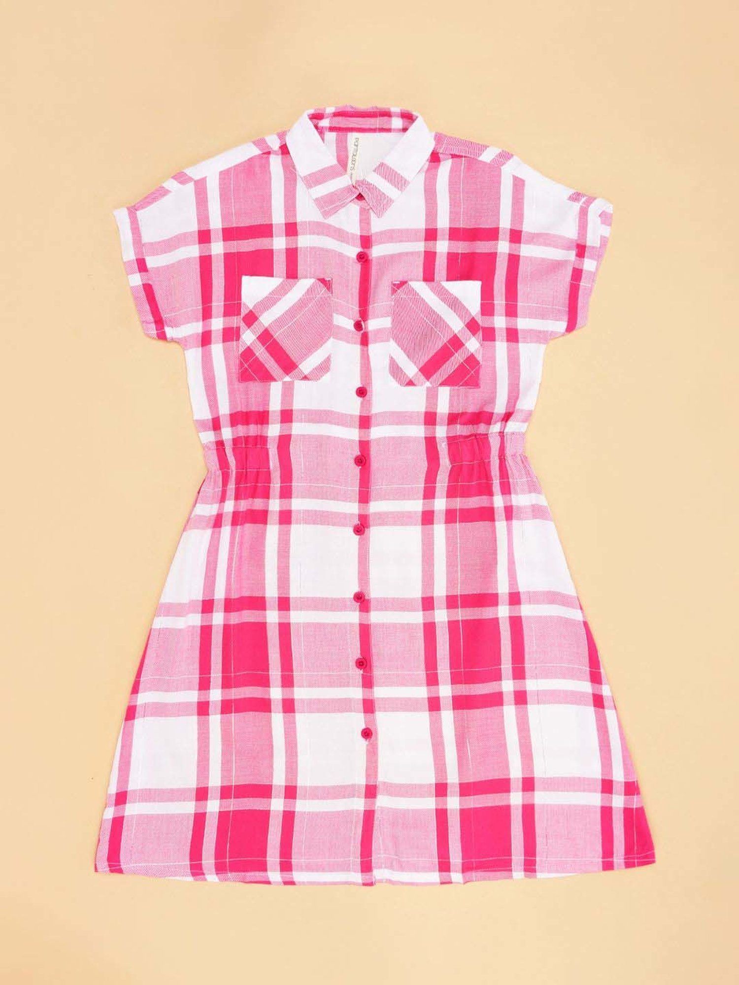 Pantaloons Junior Pink & White Cotton Chequered Dress