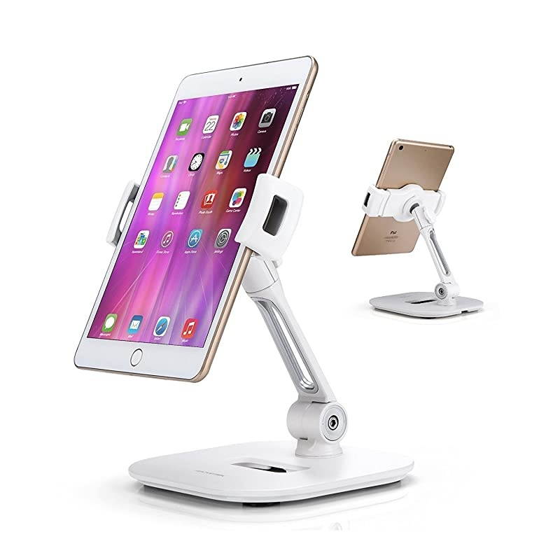 Stylish Aluminum Tablet Stand Cell Phone Holder Folding 360&deg; Swivel iPad iPhone Desk Mount Holders fits 411 Display TabletSmartphones for Kitchen Bedside Office Table POS Kiosk Showroom