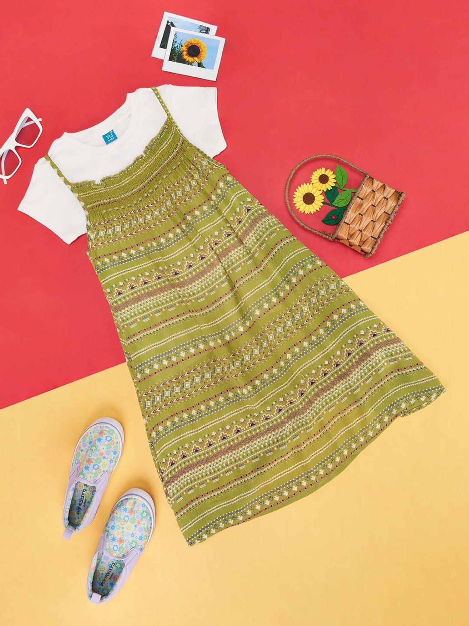 YU by Pantaloons Kids Green & White Printed Dress Set