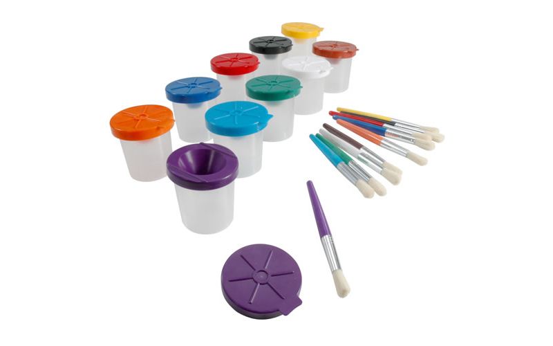 Kaplan Early Learning Non-Spill Paint Pots With Colored Lids & Brushes Set