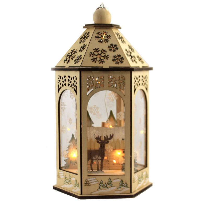 Christmas 11.5" Wood Cabin Deer Lantern Led Woodworks Dome Snowflakes  -  Decorative Figurines