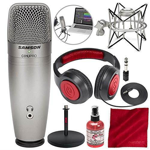 Samson C01U Pro USB Studio Condenser Microphone W/ Spider Shock Mount, Desktop Stand, Microphone sanitizer, Samson Stereo Headphones and FiberTique Cleaning Cloth