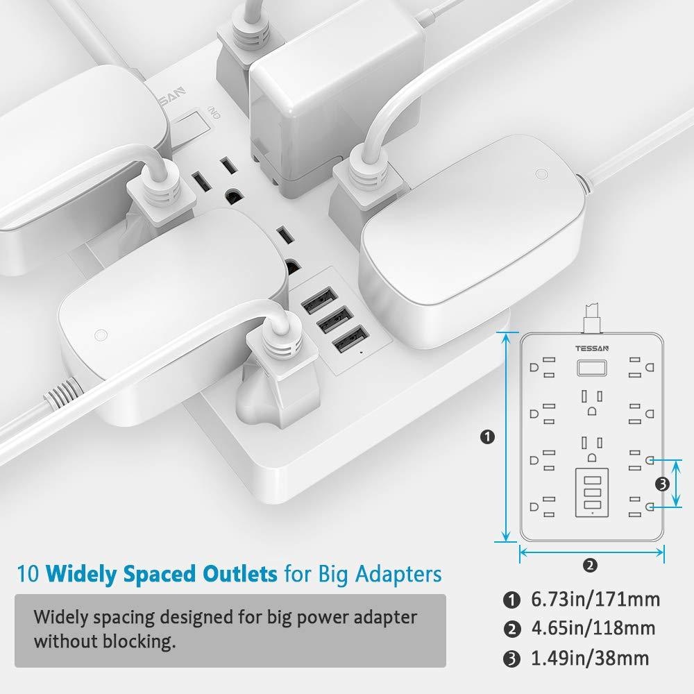 Power Strip 10 Wide Spaced Outlets, TESSAN Wall Mount Extension Cord with Multiple Protection, 3 USB Charger, 1875W/15A 4FT Cord with Overload Protector for Home and Office Essentials, White