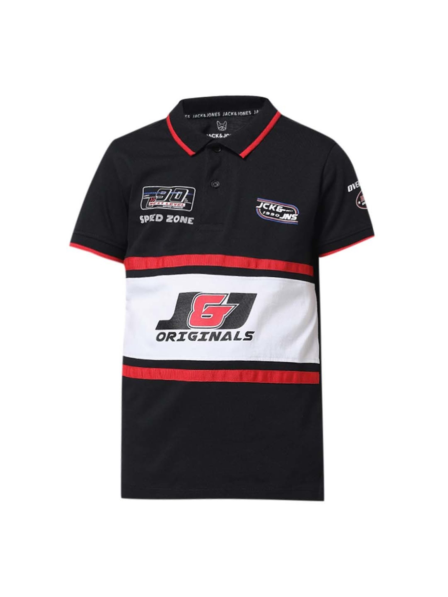 Jack & Jones Junior Jet Black & White Cotton Color Block Polo T-Shirt
