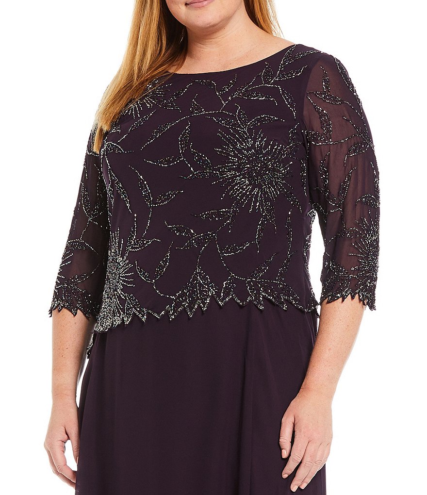 Jkara Plus Size 3/4 Sleeve Round Neck Beaded Gown