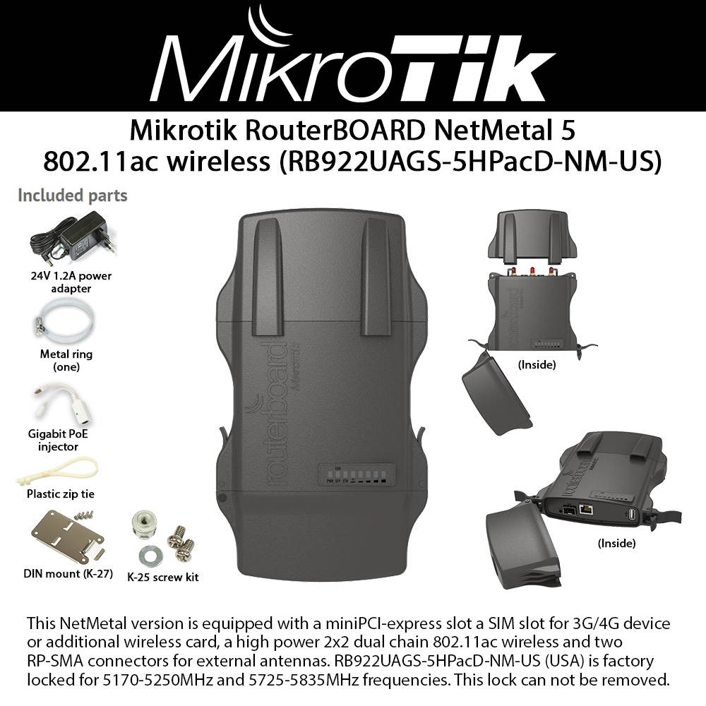 Mikrotik NetMetal 5 Waterproof Dual Chain 5GHz Integrated 802.11a/n/ac Access Point Backbone CPE with 1x SFP Cage 1x MiniPCIe slot 2x RPSMA connectors and 1x Gigabit Ethernet Port