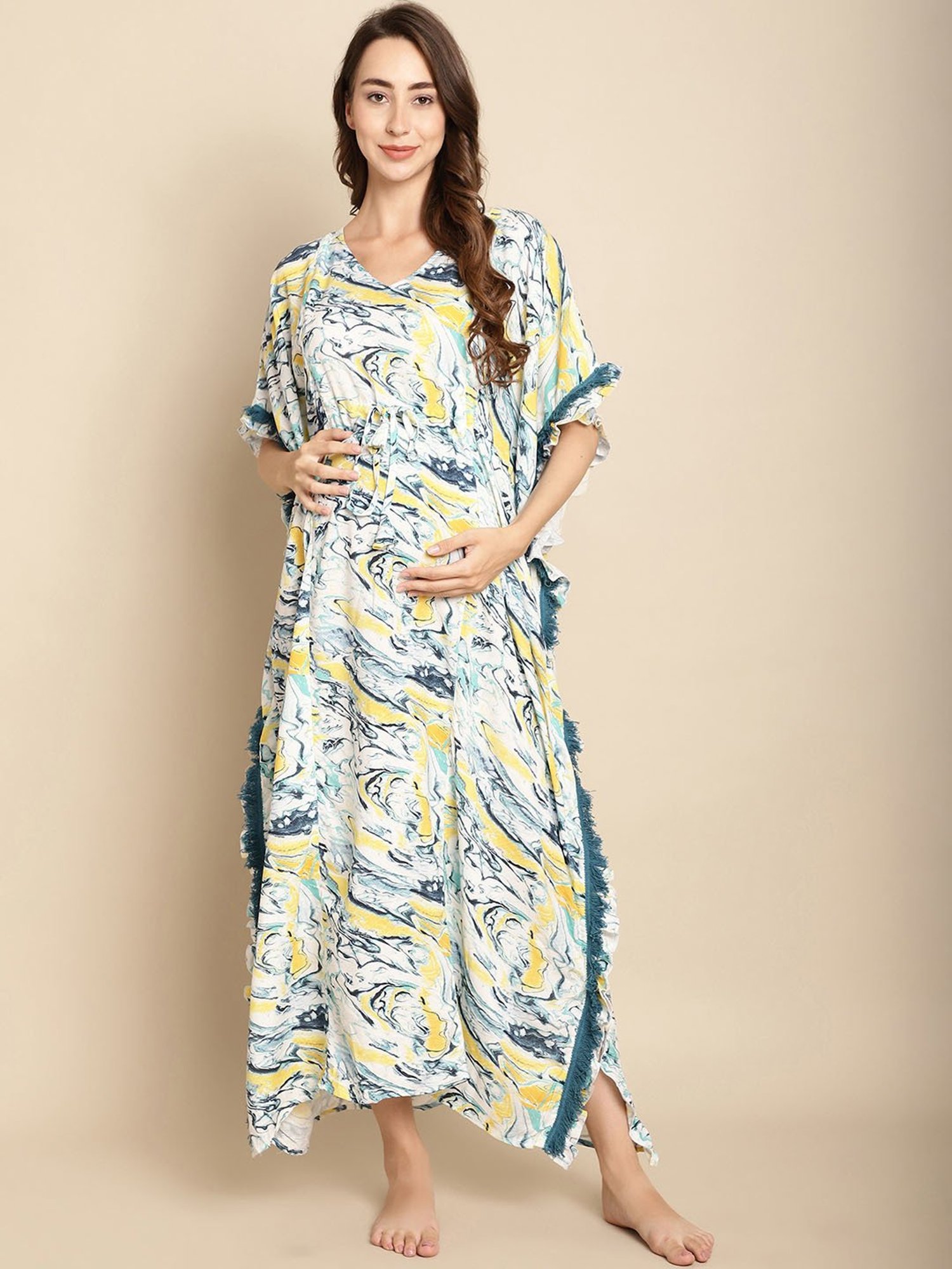 Secret Wish Off White Printed Maternity Kaftan Nighty