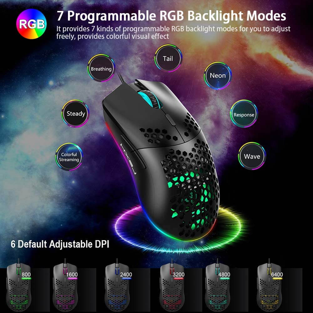 96G Programmable Gaming Mouse with Lightweight Honeycomb Shell, 6400 DPI Laser Sensor, with 6 buttons Gaming Mice, RGB Rainbow Backlit-Black